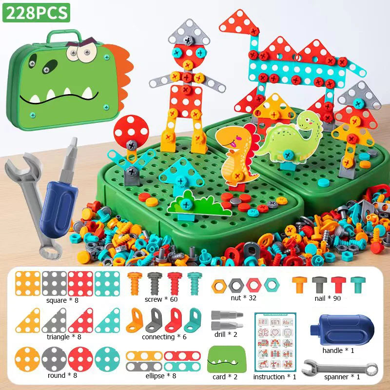 Children DIY Tool Toys 230pcs/228pcs Set Electric Drill Screw Nuts 3D Puzzle Toy 2D/3D Educational Toy Pretend Play Tool Kits