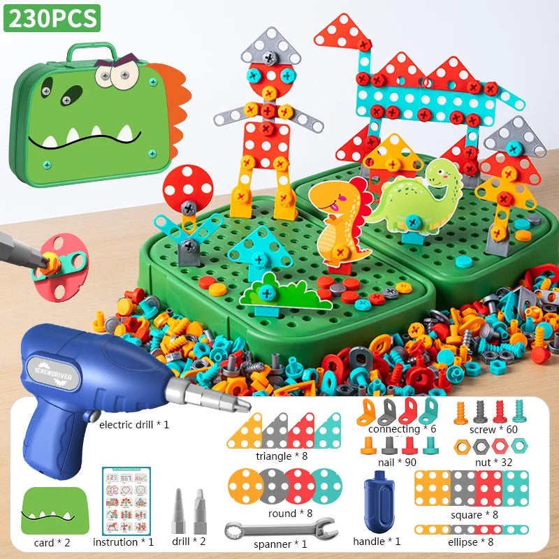 Children DIY Tool Toys 230pcs/228pcs Set Electric Drill Screw Nuts 3D Puzzle Toy 2D/3D Educational Toy Pretend Play Tool Kits